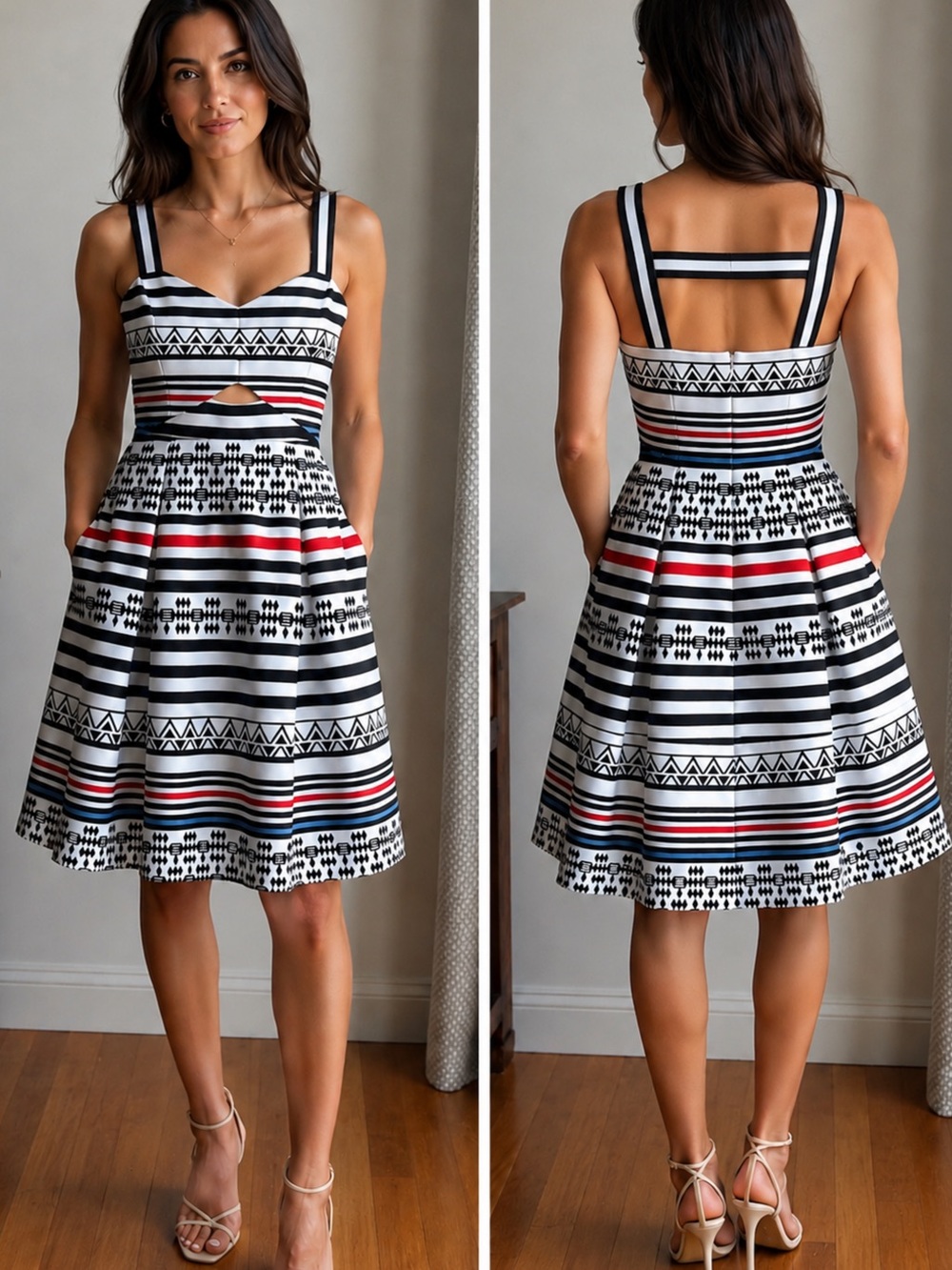 Guess Black & White Striped Fit-and-Flare Dress with Red Accents